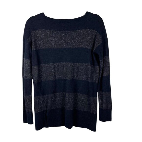 Vince Pullover Sweater Womens M Cashmere Metallic Rugby‎ Stripe Blue Gray - Picture 2 of 6